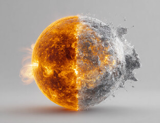 Half sun half frozen planet. Concept: Climate change, global warming. For marketing, web use, design, editorial.
