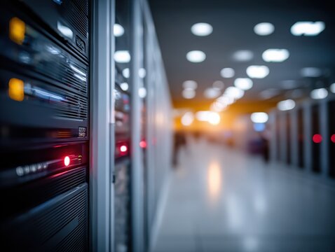 Modern Data Center Server Room with Glowing Lights and Blurry Technicians