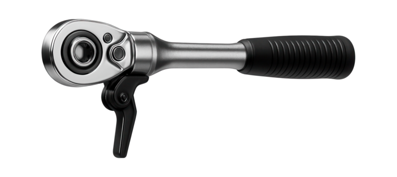 Adjustable head ratchet with a locking mechanism for stable use on heavy machinery wheels.