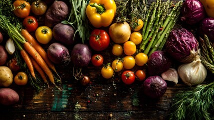 Flat lay of colorful organic vegetables and fruits on rustic kitchen table