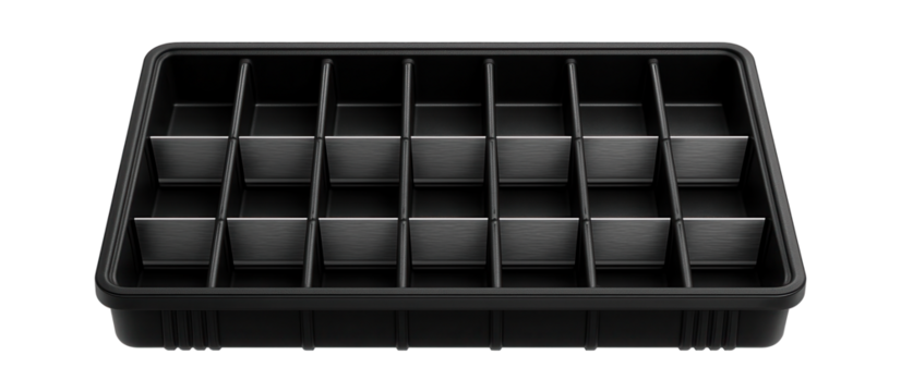 Drawer organizer insert with adjustable dividers for sorting fasteners in a home workshop.