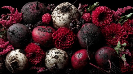 Obraz premium Dark moody still life arrangement of root vegetables berries and deep red dahlias