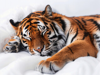 Sleeping Tiger Lying on a White Fluffy Surface
