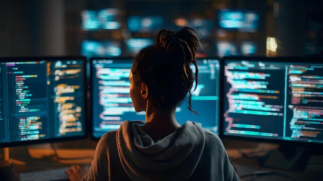 Female software developer coding at dual monitors in tech startup environment