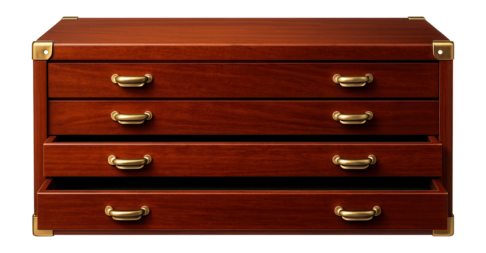 Wooden tool chest with felt-lined drawers for protecting fine instruments in a craftsman's studio.