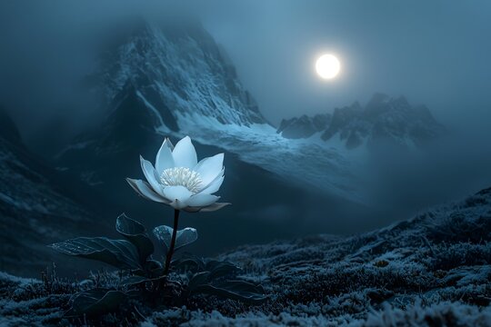 The epiphyllum quietly blooms under the moonlight, its pure white petals appearing particularly mysterious in the night