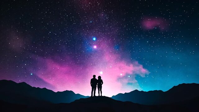 Silhouetted figures gaze at vibrant starry night sky over mountains