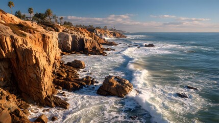 Cliffside ocean view with crashing waves and sunrays
