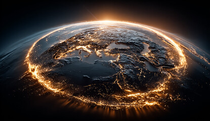 Planet Earth glows in space. Abstract, concept. Use for tech, marketing, web.