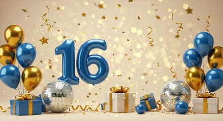 Celebratory 16th birthday party scene with balloons and gifts for festive events