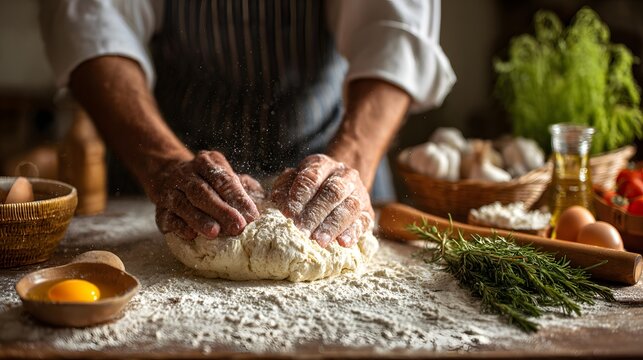 Chefâ€™s hands kneading dough on flour-covered table with ingredients