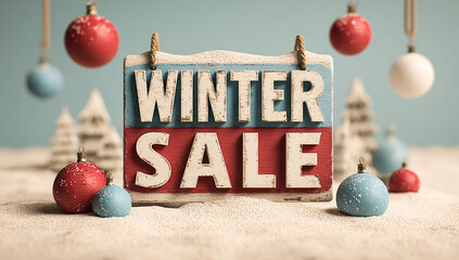 Winter Sale display shows festive promotional message. Holiday-themed decorations, ornaments, trees, snow. Perfect for seasonal marketing, advertising, promotions, web use.