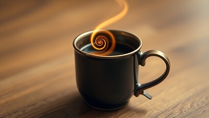 Vintage coffee cup with an infinite glowing spiral, symbolizing longevity and ritual.