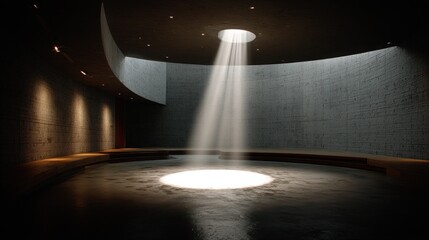 Modern, minimalist space, light rays,  concrete walls
