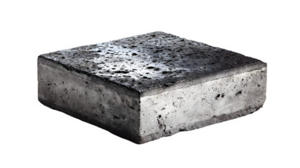 A close up studio shot of a square concrete block with a textured top on a black background