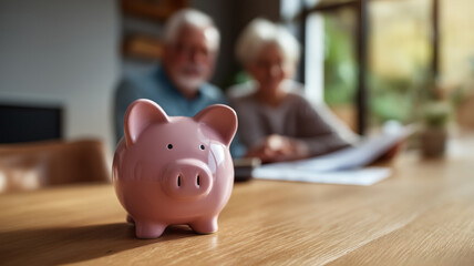 Couple Financial Planning with Piggy Bank on Wooden Table at Home