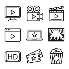 Collection of modern outline icons representing cinema and video entertainment concepts