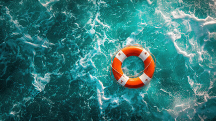 Aerial view of orange and white life buoy floating on turquoise water with white foam textures around it