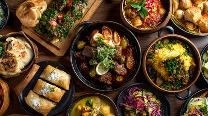 Table filled with traditional dishes from various global cuisines