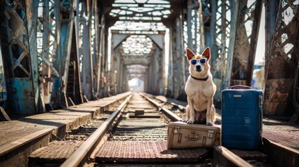 Dog wearing sunglasses sitting on railway bridge next to blue suitcase, ready to travel by train on old metal tracks leading into the distance, capturing adventure, travel, and journey themes.