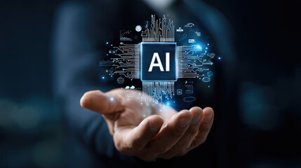 Person holding a glowing ai chip with circuit board design in their open hand in a dark setting