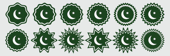 Pakistan Independence Day Badge Icon Set Featuring Crescent Moon and Star Elements for Posters, Social Media, Cards, Banners, and Celebrations