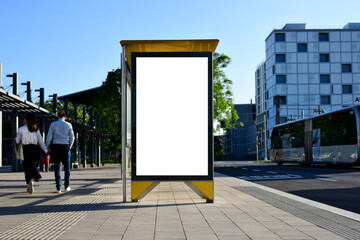 bus shelter blank ad panel. billboard display. empty white lightbox sign. transit station. mockup base. blurred background. urban street traffic. urban setting. bus shelter advertising