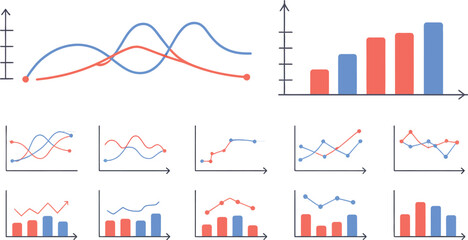 Obraz premium Collection of various line graphs and bar charts in red and blue colors shown