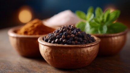 Whole peppercorns ground spices salt and fresh mint leaves in wooden bowls