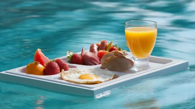 A tray of food is floating in a pool of water. The tray contains an egg, bread, fruit, and orange juice. The scene is peaceful and relaxing, as the food is floating on the water