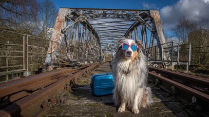 Dog wearing sunglasses sitting on railway bridge next to blue suitcase, ready to travel by train on old metal tracks leading into the distance, capturing adventure, travel, and journey themes.