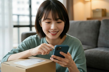 Young woman using smartphone while looking at a package