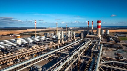 Naklejka premium Aerial view of an industrial refinery with intricate pipelines under a clear blue sky.