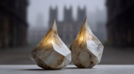Two translucent stone like lamps emit warm light with blurred gothic architecture in the background