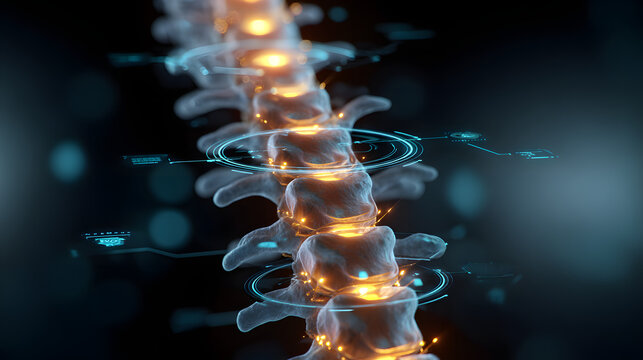 Glowing Vertebrae: A macro view showcasing a spine, lit with a futuristic glow, highlighting the complexity of human biology.