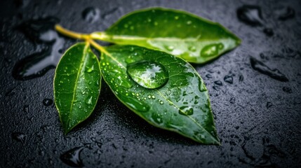 Fresh green leaves with water drops on dark surface, nature background, spa concept