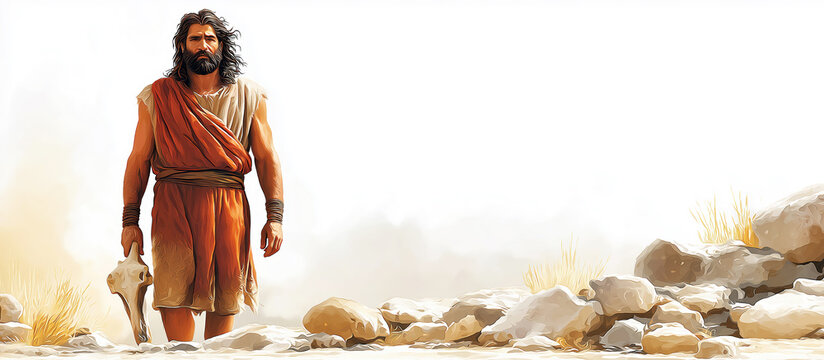 Victorious biblical hero Samson stands in the wilderness holding a jawbone weapon. A realistic, powerful illustration from the Old Testament symbolizing faith and divine strength. Banner format.