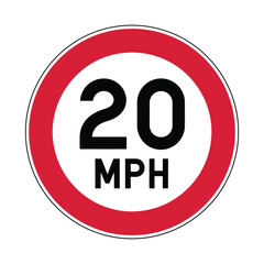Round speed limit sign showing 20 miles per hour