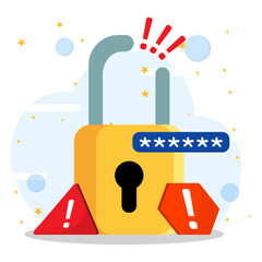 Warning that the password has been hacked and leaked. Broken padlock with an exclamation mark.