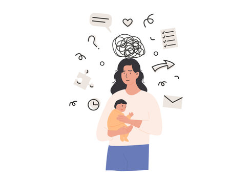 Young mother holding newborn baby, feeling overloaded with tasks to do. Postpartum depression, sleep deprivation, hormonal changes, and maternal mental health. Isolated Flat Style Vector Illustration.