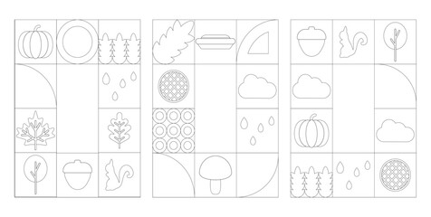 Outline autumn geometric poster with abstract pattern. Happy fall season sale design for coloring page. Pumpkin, pie, squirrel and mushroom decorative banner or invitation. Rain mosaic for notebook.