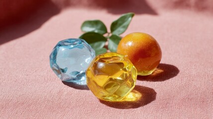 Three faceted glass marbles and an orange sit on a textured pink surface