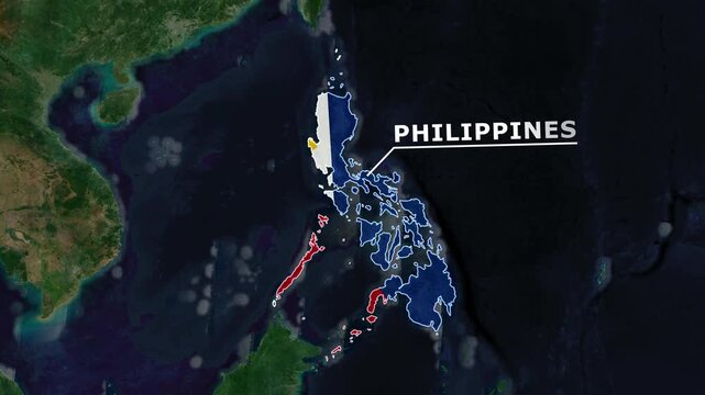 Zoom from Earth to the Philippines. (Country Flag) World map animation with highlighted country borders. Satellite 3d world map animation highlights aerial views, tourism, and travel. 4k