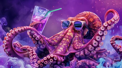 Obraz premium A playful octopus in stylish sunglasses and cocktail glasses on a purple background.