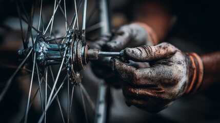 Greasy hands repairing bicycle wheel outdoors.