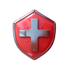 3D shield icon with cross symbol, health insurance concept, matte surface