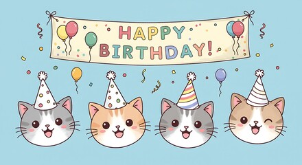 Happy birthday cat card featuring four adorable, smiling kittens in white party hats with a festive birthday banner — a playful cartoon illustration perfect for feline fans.