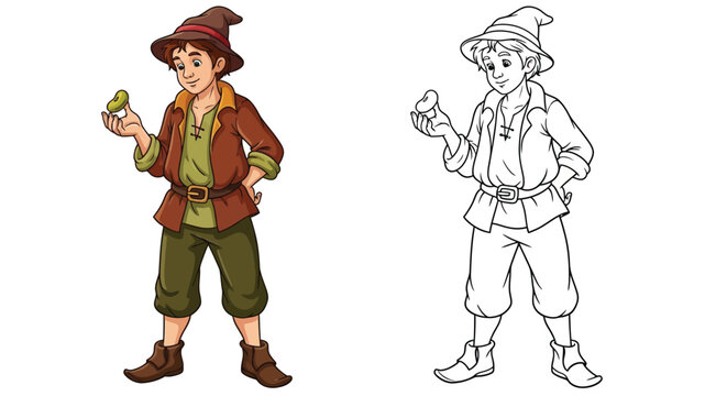 Adventurous Jack from Beanstalk Coloring Page with Both Colored and Outline Art Styles