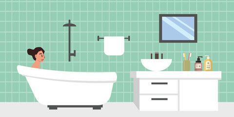 Girl showering and spa. Girl on the bathroom illustration. People take a bath. Bathroom interior.