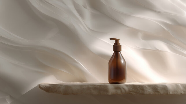 Brown bottle stands on stone platform. Modern, minimalist product shot for skincare, beauty, cosmetic. Use for advertising, marketing, web.